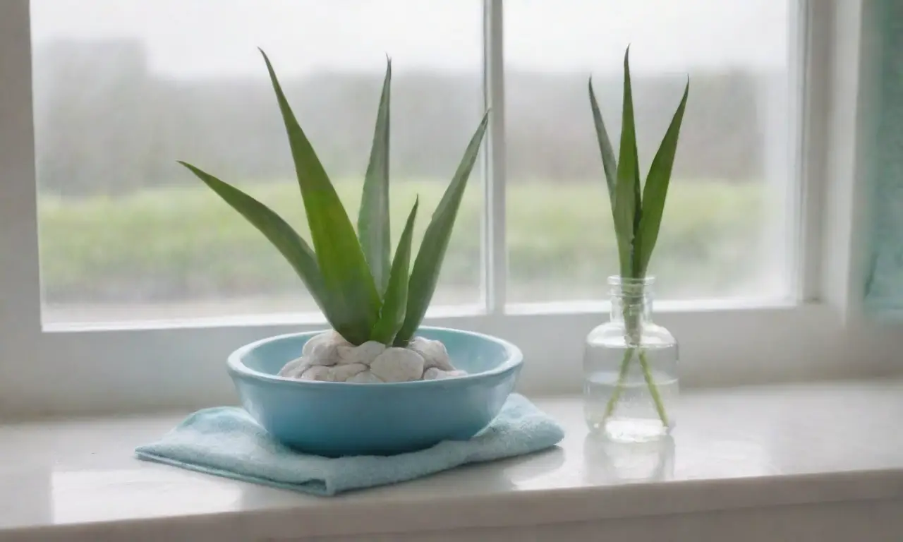 Un baño sereno con luz natural, aloe vera, plantas verdes y un ambiente de tranquilidad