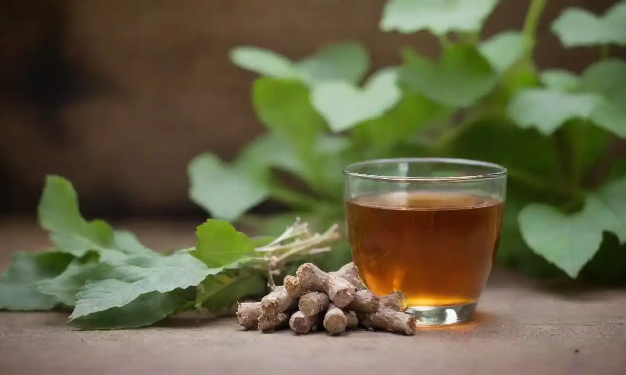 La raíz de Burdock se muestra con hojas frescas y una preparación de té herbal en el fondo.