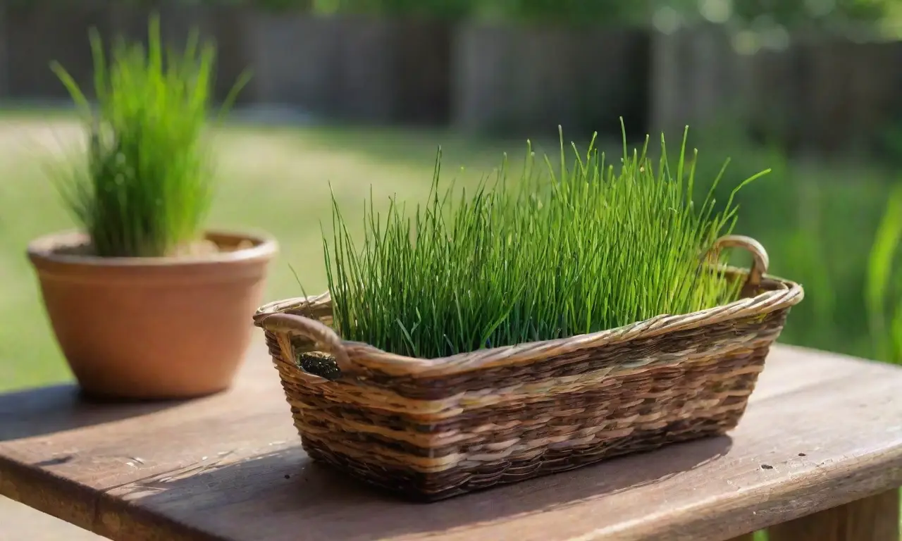 Un rincón sereno de naturaleza con trigo verde, jugo fresco y un ambiente tranquilo
