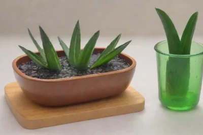 Una cocina luminosa y fresca con una planta de aloe vera
