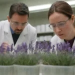 Investigadores que examinan las plantas de lavanda en un laboratorio.
