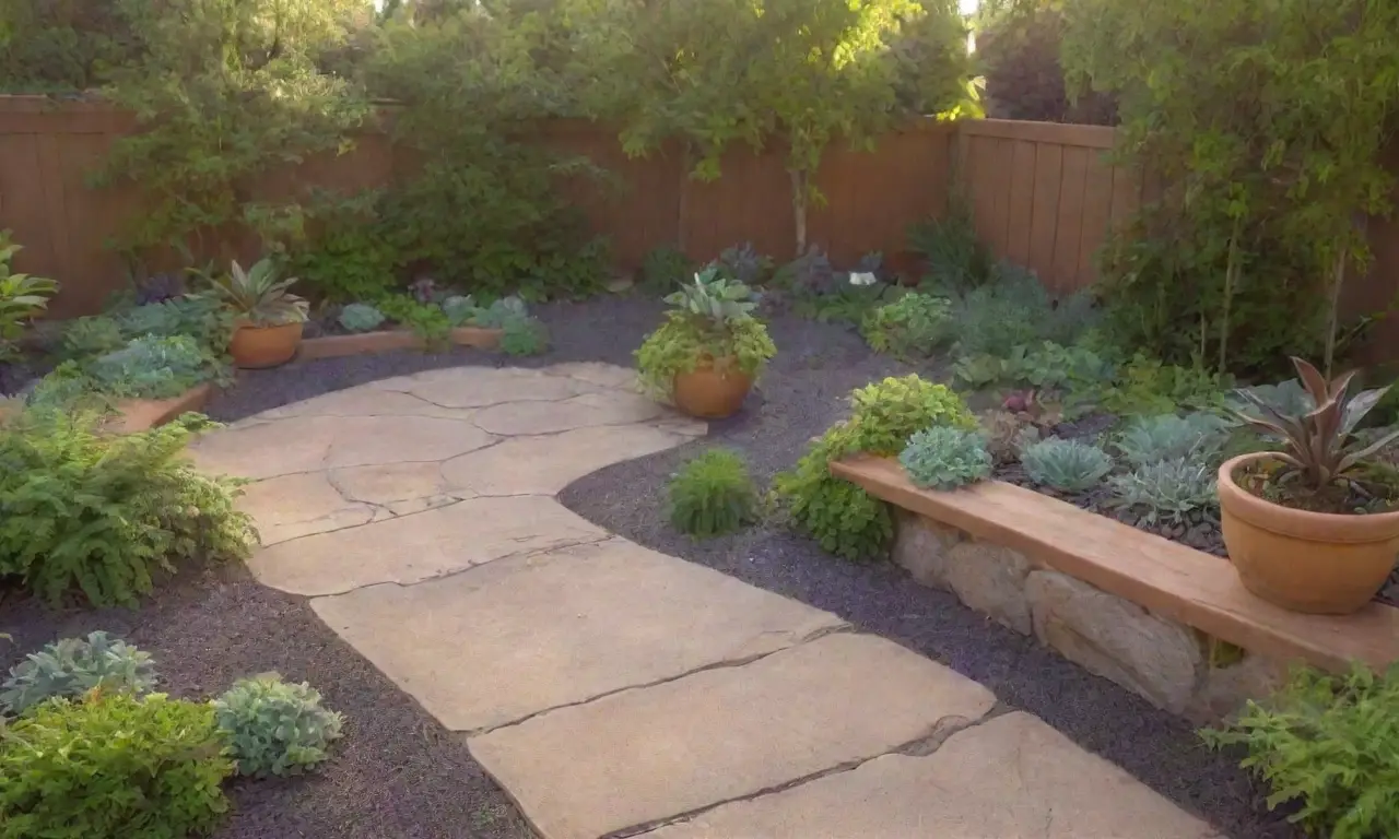 Un jardín sereno lleno de plantas vibrantes, luz suave y rincones acogedores