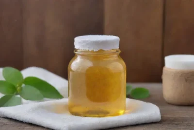 Aceite de jojoba dorado en un ambiente sereno y lujoso