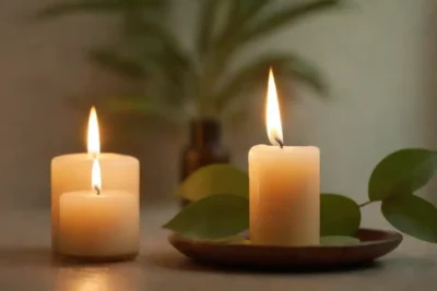Hojas de eucalipto y aceite esencial junto a una relajante escena de spa con velas.