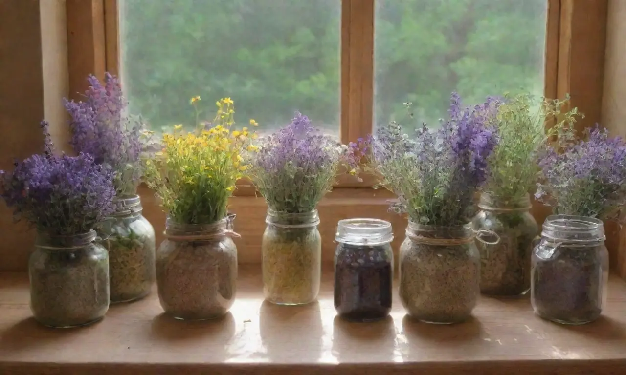 Un arreglo armonioso de hierbas y flores en una mesa rústica evoca tranquilidad y sanación