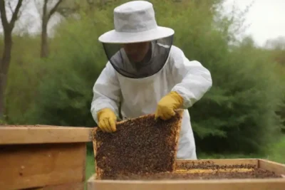 Apicultor coleccionando propolis de urticaria en un entorno natural y ecológico.