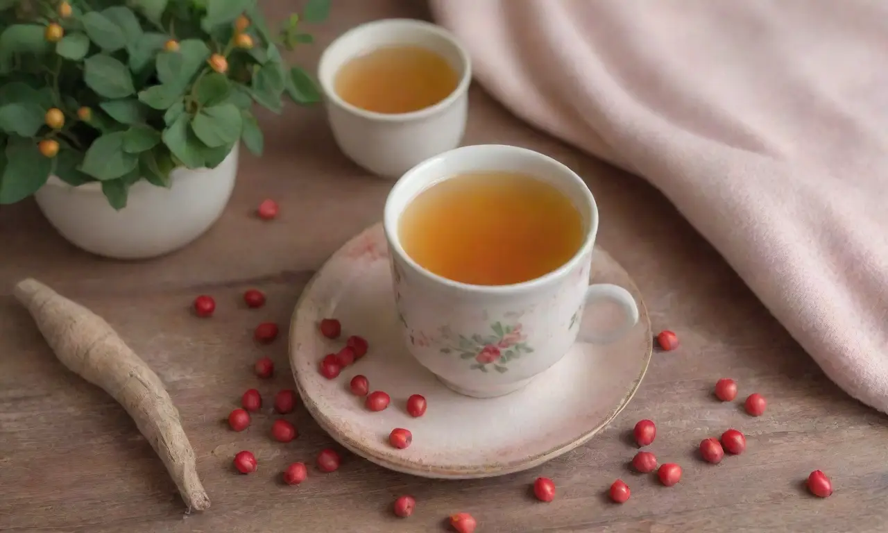 Un acogedor ambiente natural con té de rosa mosqueta, hojas verdes y un libro ilustrado
