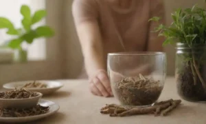 Las raíces de Ginseng se colocan junto a un té herbal calmante y una persona que se ve relajada.