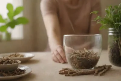 Las raíces de Ginseng se colocan junto a un té herbal calmante y una persona que se ve relajada.