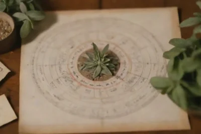 Una planta de salvia junto a gráficos astrológicos y símbolos zodiacos.