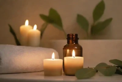 Hojas de eucalipto y botellas de aceite esenciales situadas junto a un relajante baño