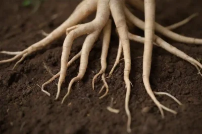 Cerrar las raíces de ginseng junto con diversos factores ambientales como el suelo y las condiciones de agua.