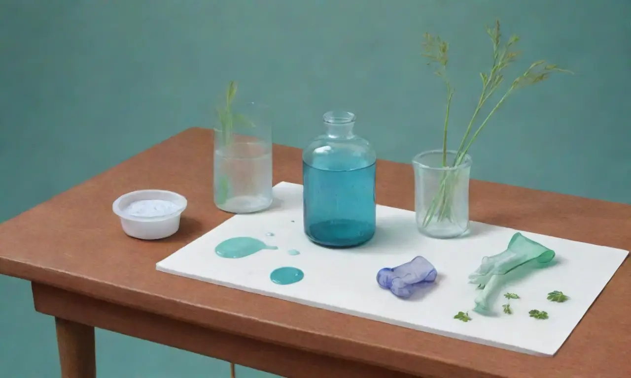 Un ambiente sereno de laboratorio con frascos, libros y elementos naturales