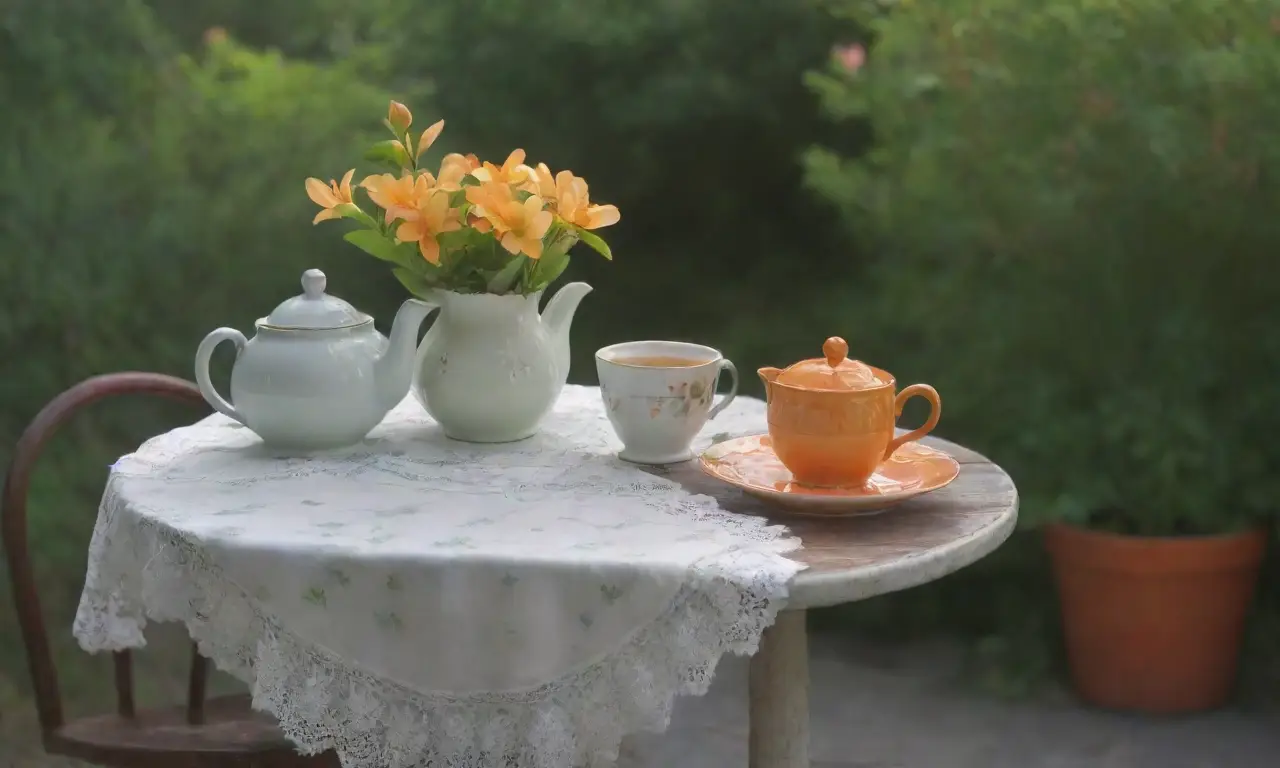 Un ambiente sereno y acogedor con colores suaves, flores, té humeante y luz filtrándose entre las hojas