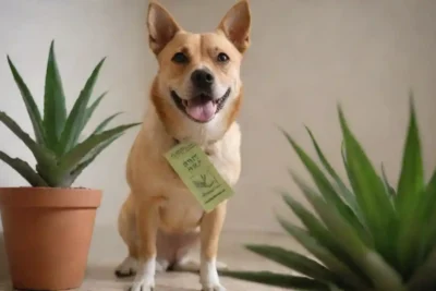 Planta Aloe vera junto a un perro feliz