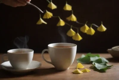 Una ilustración de hojas de ginkgo que están siendo preparadas y empinadas en una taza de té.
