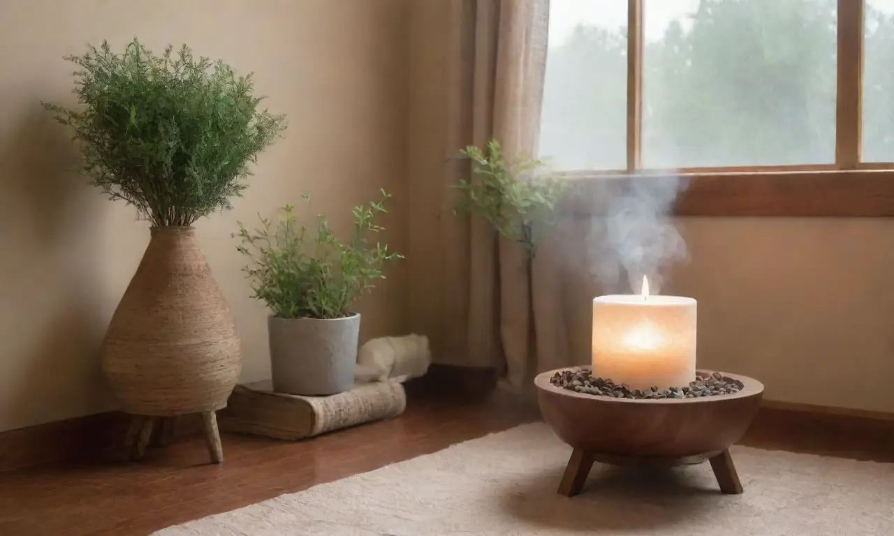 Un ambiente sereno y acogedor con colores suaves, aromas agradables y elementos de meditación