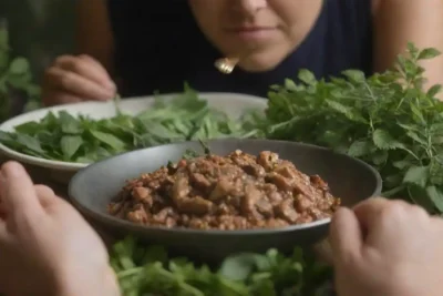 Las hojas de planta Pimpinela rodeadas de hierbas digestivas y una persona mirando una comida saludable.