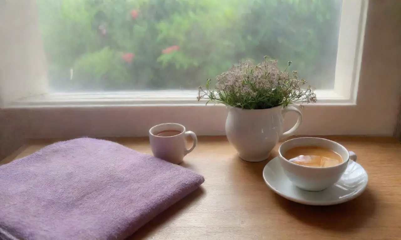 Un rincón acogedor y sereno con flores, té, luz cálida y aromas relajantes