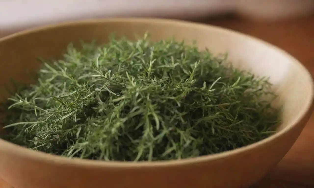 Recetas de tomillo frescas colocadas en un tazón decorativo