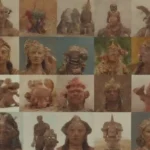 Un collage de artefactos e ilustraciones que representan diversos mitos culturales y leyendas.