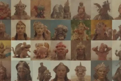 Un collage de artefactos e ilustraciones que representan diversos mitos culturales y leyendas.