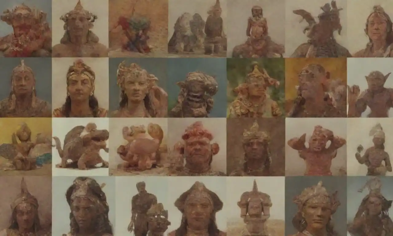 Un collage de artefactos e ilustraciones que representan diversos mitos culturales y leyendas.