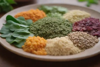 Un plato que muestra varios platos locales infundidos creativamente con hojas de moringa y semillas.