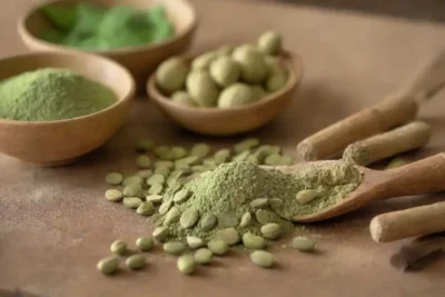 Hojas y cápsulas Moringa mostradas junto con diversos productos derivados como polvos