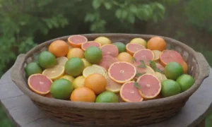 Una colorida y fresca exhibición de cítricos y elementos naturales
