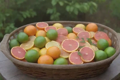 Una colorida y fresca exhibición de cítricos y elementos naturales