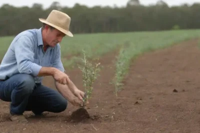 A farmer planting eucalyptus saplings in a field with instructional signs nearby.