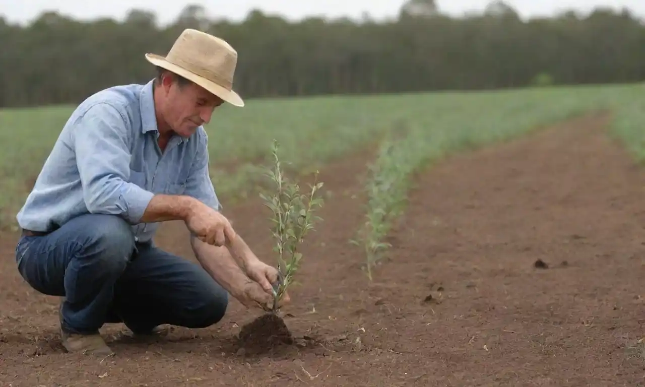 A farmer planting eucalyptus saplings in a field with instructional signs nearby.