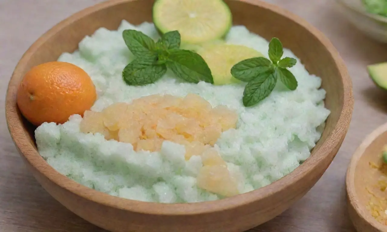 Fondo suave con flores, cristales de sal, aceites, cítricos, coco, madera, frascos, menta, manteca de karité, azúcar, lavanda, aguacate, miel, toallas, vela, luz y olas