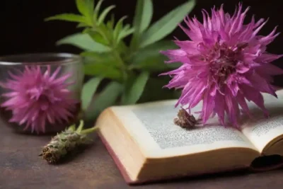 Frasco de tintura de monarda junto a hierbas y un libro de homeopatía.