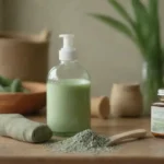 Ingredientes y herramientas para la fabricación de productos de limpieza ecológicos con salvia mostrada en una tabla.