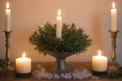Agrupaciones de romero dispuestas sobre un altar rodeado de velas y cristales.