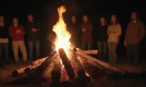 Diversos grupos celebrando San Juans Eva con hogueras festivas y rituales tradicionales.
