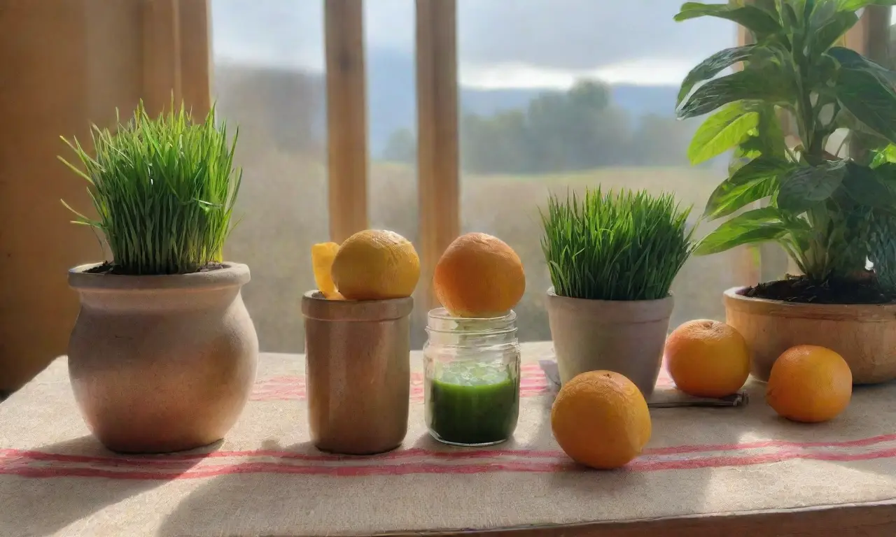Un rincón acogedor y saludable con jugo fresco, frutas vibrantes y un ambiente natural