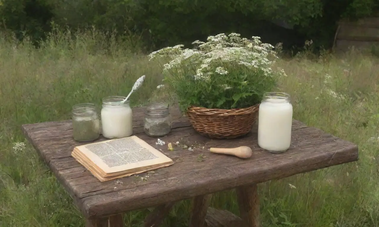 Un sereno jardín con hierbas frescas, flores de milenrama y una taza de té