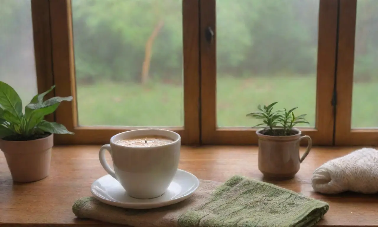 Un rincón acogedor y sereno con té de jengibre, luz cálida y aromas reconfortantes