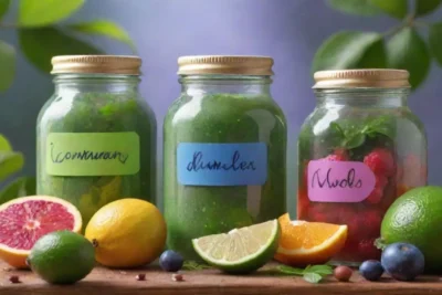 Un fondo verde vibrante con frutas frescas