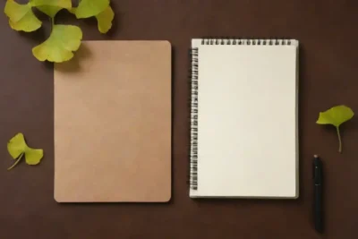 Hojas de Ginkgo y suplementos mostrados junto a un notepad con consejos de seguridad.