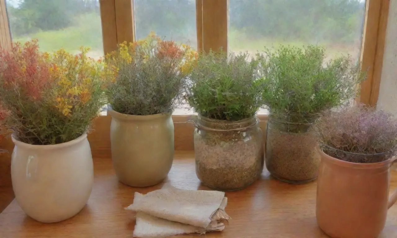 Un rincón acogedor de cocina con hierbas frescas, tazas de té humeantes y un ambiente tranquilo