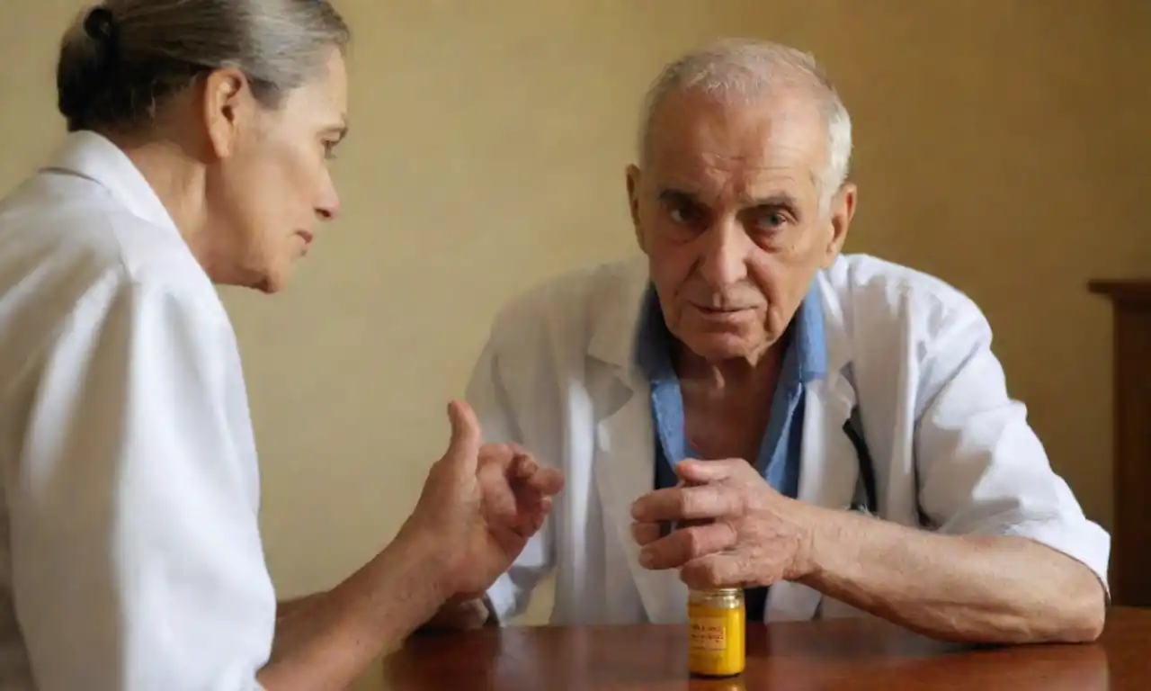 Personas mayores consultan a un médico sobre precauciones de la cúrcuma con una botella de cúrcuma cercana.