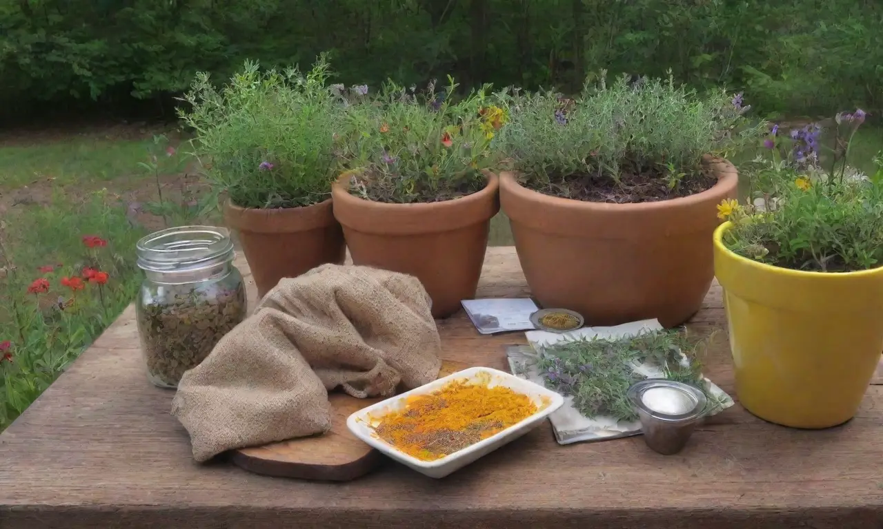 Un acogedor entorno de cocina lleno de hierbas frescas, especias coloridas y luz natural