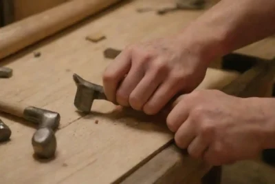 Un cierre de una mano usando un martillo para conducir un clavo en madera