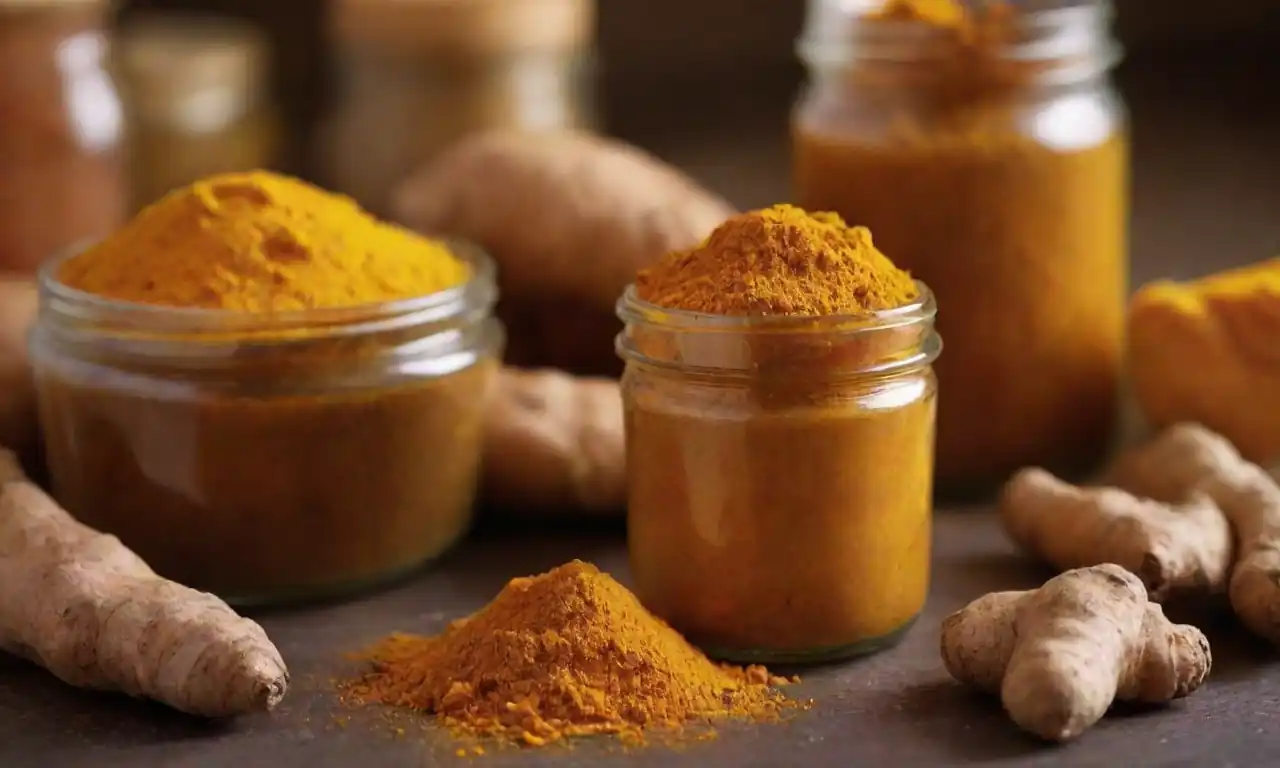 Un frasco de cúrcuma junto a varios alimentos preservados.