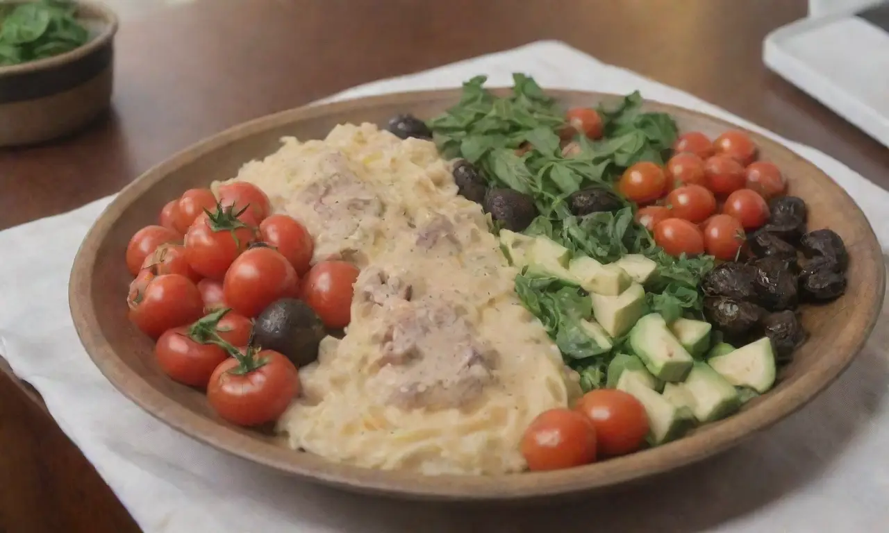Una cocina vibrante con ajo fresco, hummus, ensalada colorida, pasta humeante y un ambiente acogedor