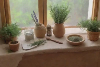 Una cocina rústica y acogedora llena de hierbas frescas y detalles naturales